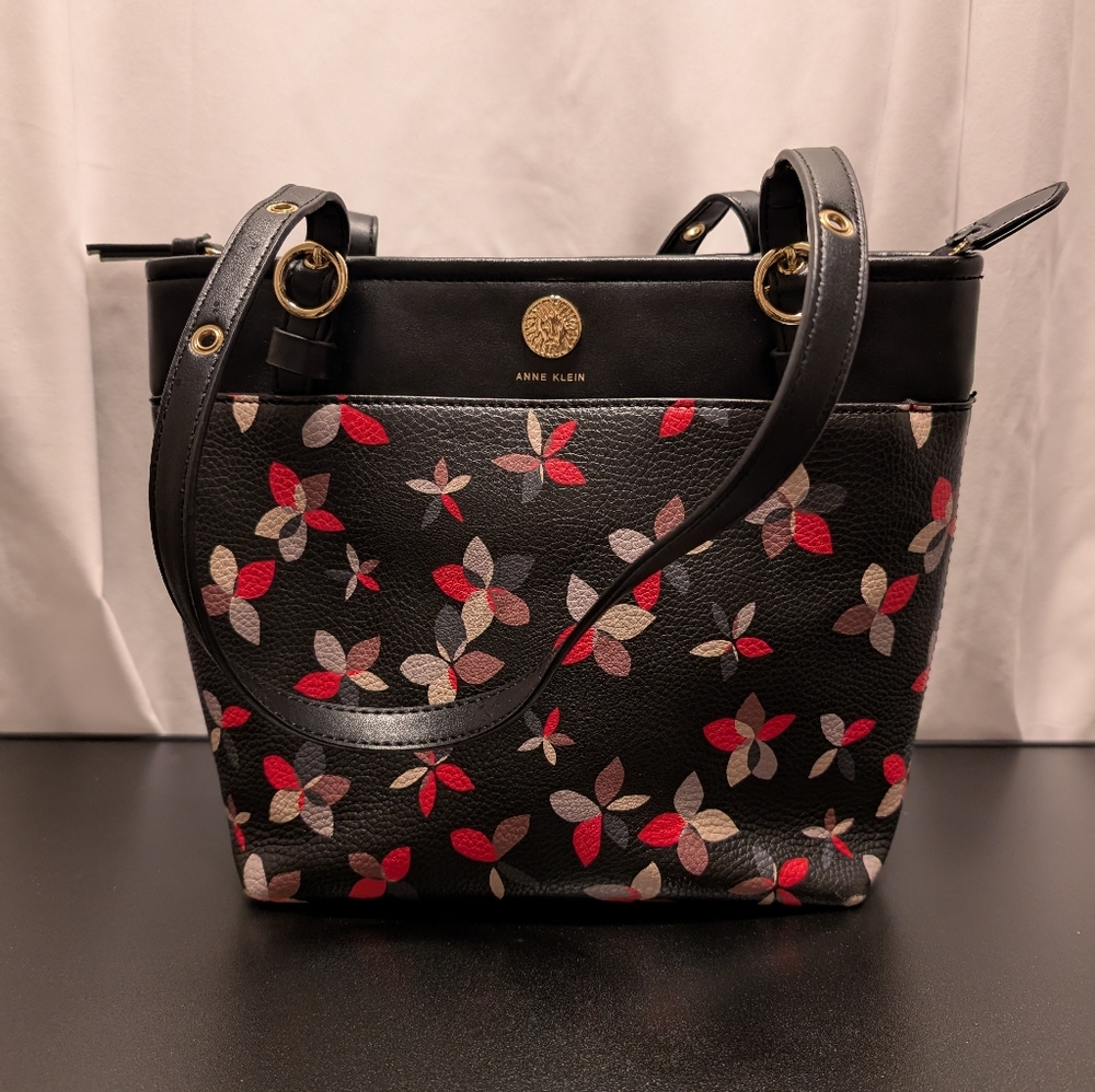 Anne Klein Black Floral Women's Faux Leather Tote Bag